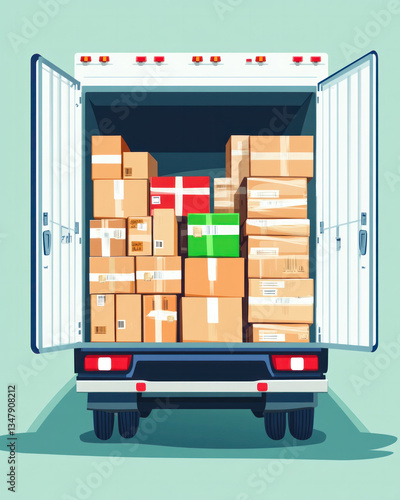 A truck is filled with boxes and the back door is open. The boxes are stacked high and the truck is parked on the side of the road