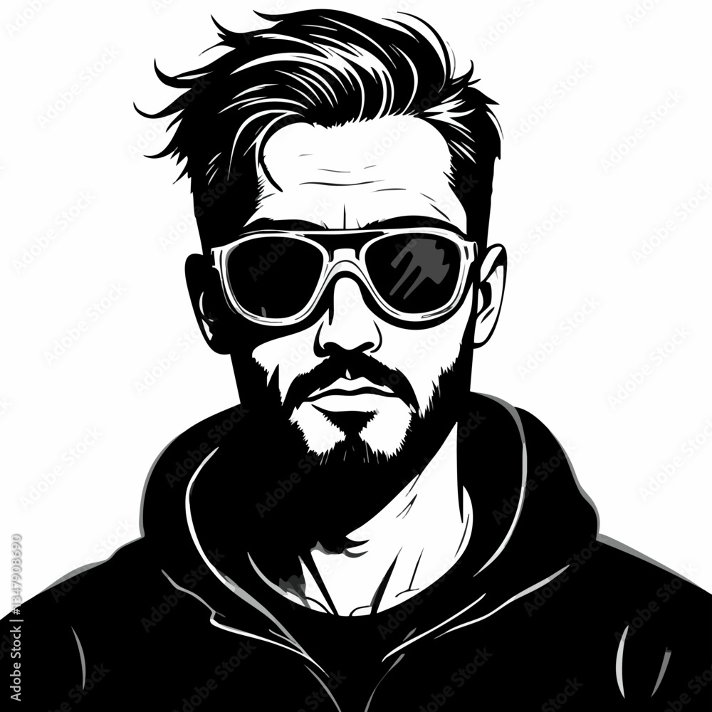 Fototapeta premium Stylish Man with Sunglasses and Hooded Jacket Portrait. Vector image