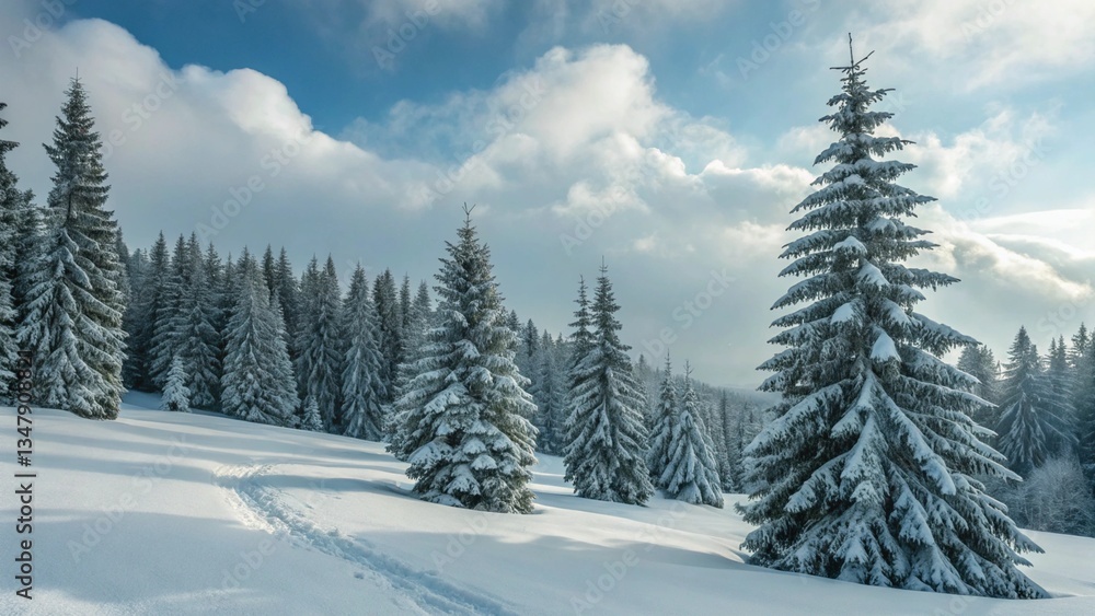Snowy pine trees in a winter landscape, footprints in snow.
Snowy pine trees in a winter landscape, footprints in snow.