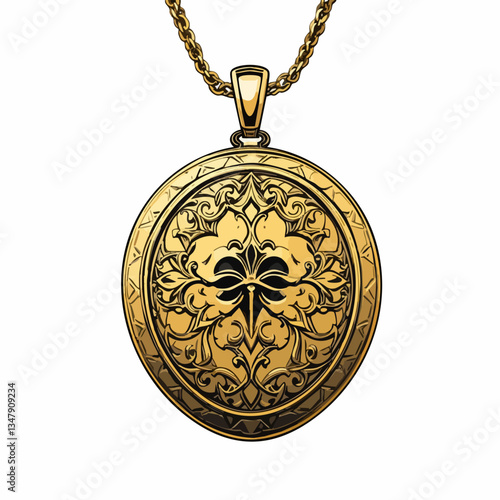 Ornate Gold Locket with Chain Pendant Design. Vector image