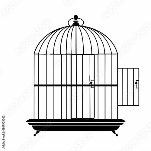 Ornate Birdcage with Open Door Illustration. Vector image