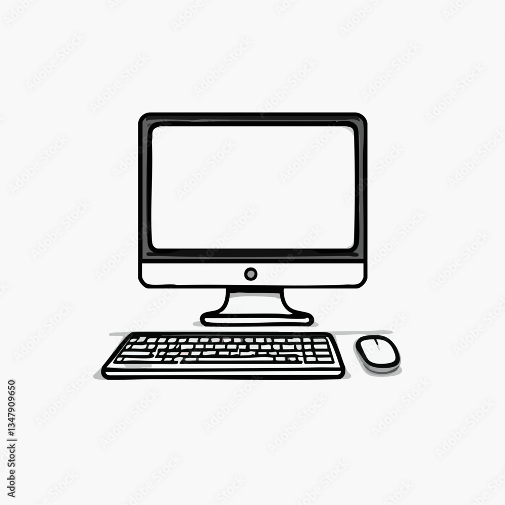 Hand drawn desktop computer illustration. Vector image Hand drawn desktop computer illustration. Vector image