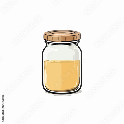 Glass Jar with Wooden Lid and Yellow Liquid. Vector image