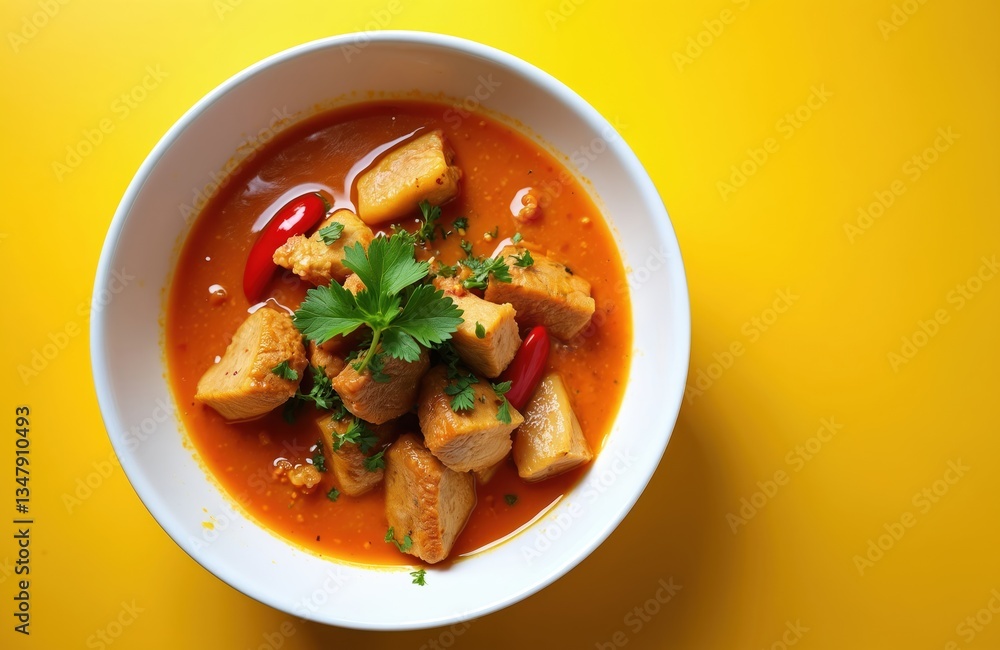 Delicious Panaeng curry with pork in white bowl on yellow background. Traditional Thai cuisine, asian food with meat, herbs, chili pepper and spices. Spicy, tasty lunch or dinner. Delicious Panaeng curry with pork in white bowl on yellow background. Traditional Thai cuisine, asian food with meat, herbs, chili pepper and spices. Spicy, tasty lunch or dinner.