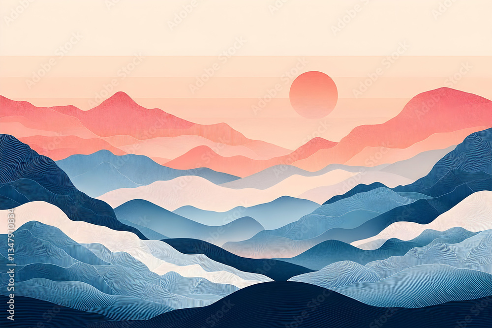 Abstract Mountain Range at Sunset with Gradient Color Palette Illustration