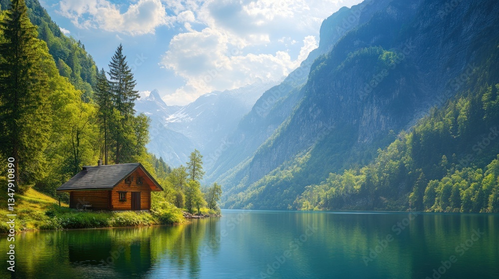 Picturesque alpine chalet by a serene lake nestled amidst majestic mountains. Lush greenery surrounds the tranquil scene Picturesque alpine chalet by a serene lake nestled amidst majestic mountains. Lush greenery surrounds the tranquil scene