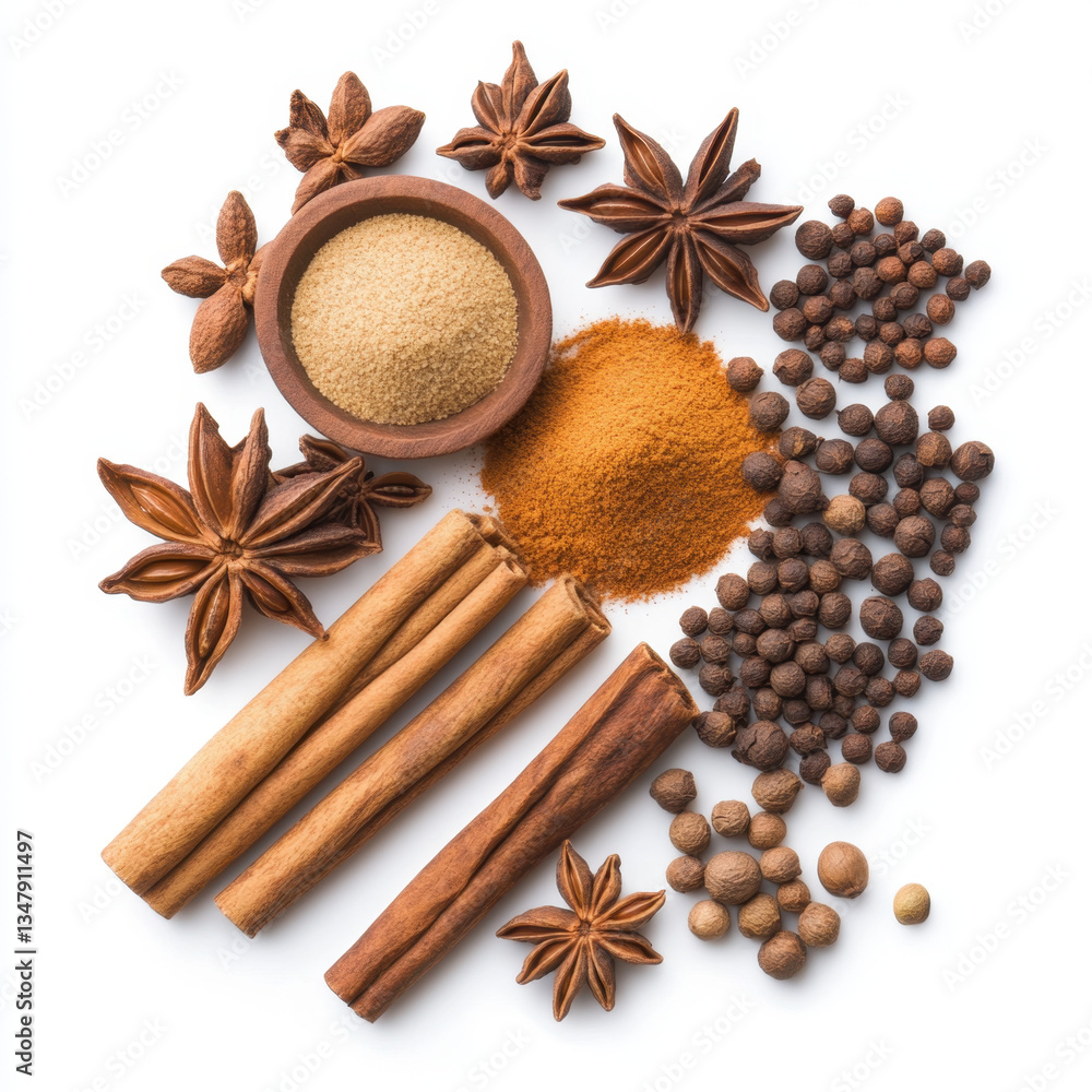 vibrant assortment of spices including cinnamon, cloves, and coriander, arranged artistically. Perfect for culinary inspiration and enhancing flavors in dishes vibrant assortment of spices including cinnamon, cloves, and coriander, arranged artistically. Perfect for culinary inspiration and enhancing flavors in dishes