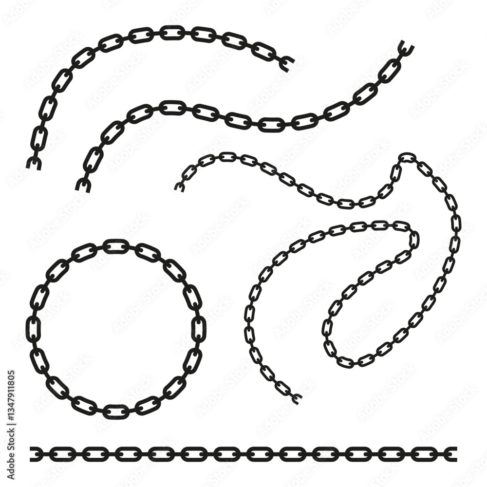 Broken chain shapes. Black metallic links. Interlocked steel pattern. Industrial freedom symbol. Broken chain shapes. Black metallic links. Interlocked steel pattern. Industrial freedom symbol.