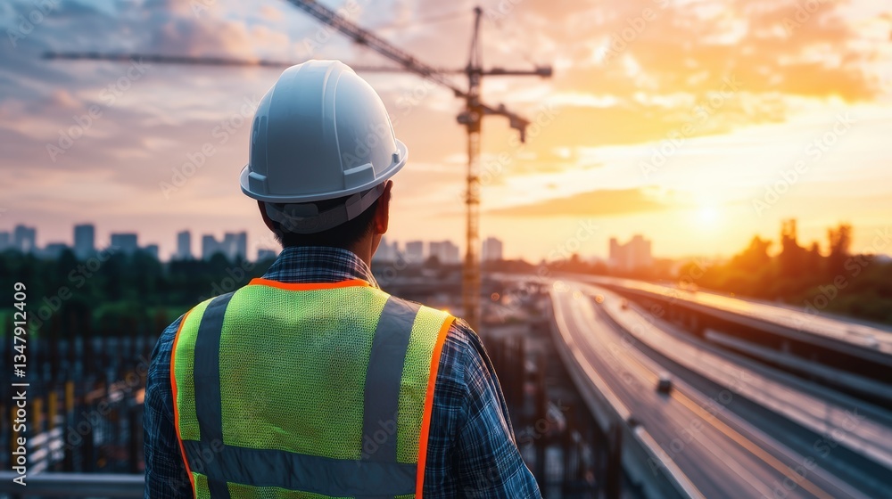 Construction worker in safety vest and hard hat overlooks sprawling cityscape with crane and highway at sunset illuminating the urban skyline view Construction worker in safety vest and hard hat overlooks sprawling cityscape with crane and highway at sunset illuminating the urban skyline view