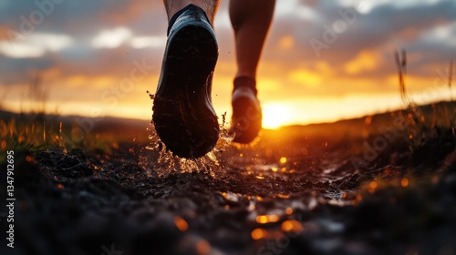 Runner's feet splashing through muddy trail at sunset