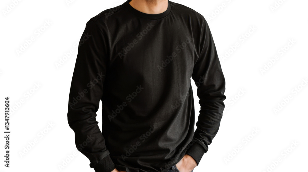 Man wearing plain black long sleeve t-shirt with transparent background Man wearing plain black long sleeve t-shirt with transparent background
