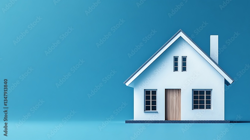 Photo of a simple house model on a blue background, representing a sleek white and wooden color scheme. Web banner with copy space on the right. Photo of a simple house model on a blue background, representing a sleek white and wooden color scheme. Web banner with copy space on the right.