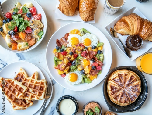 Vibrant Breakfast Spread with Fresh Fruits, Waffles, Croissants, and Delicious Bacon Eggs Served on a Marble Table in a Bright Setting