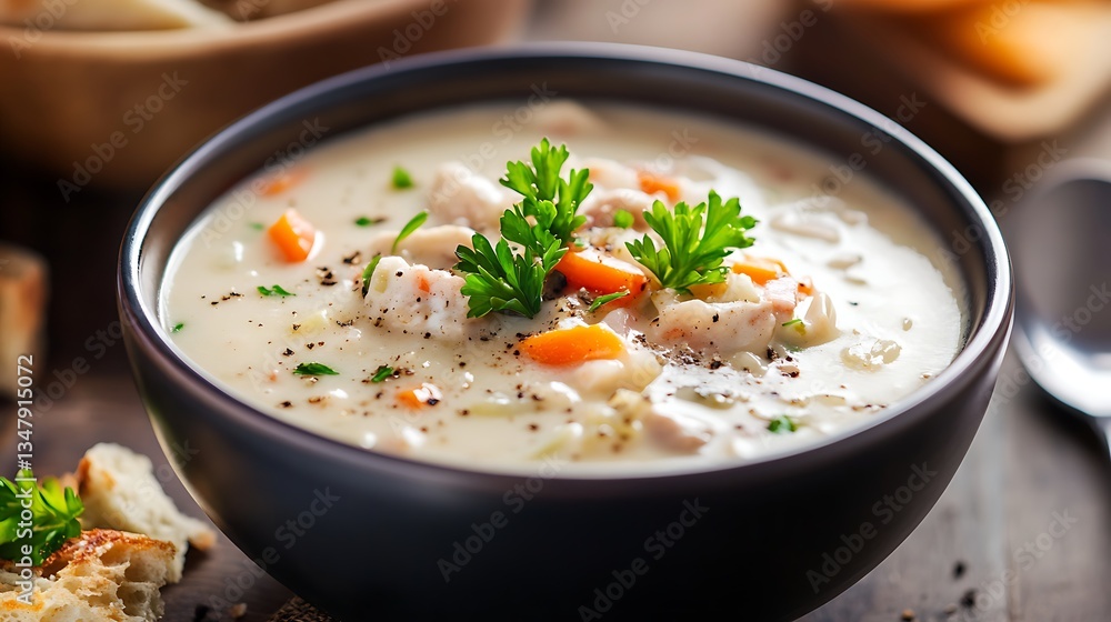 A Thick and Creamy Bowl of Chowder Soup Placed Neatly on the Right Side with a Soft-Focus Background, Perfect for Branding and Food Photography A Thick and Creamy Bowl of Chowder Soup Placed Neatly on the Right Side with a Soft-Focus Background, Perfect for Branding and Food Photography