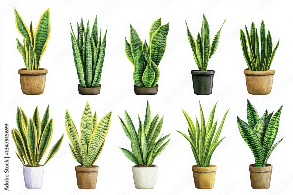 A collection of ten potted snake plants with different pot colors and leaf patterns on white background A collection of ten potted snake plants with different pot colors and leaf patterns on white background