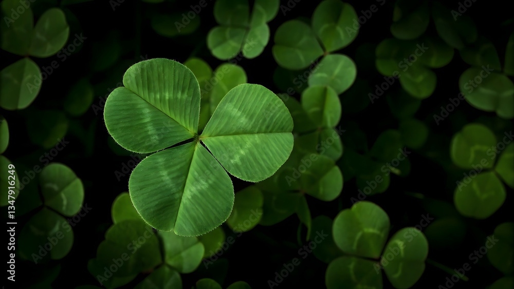 Four leaf clover stands out against green leaves Four leaf clover stands out against green leaves