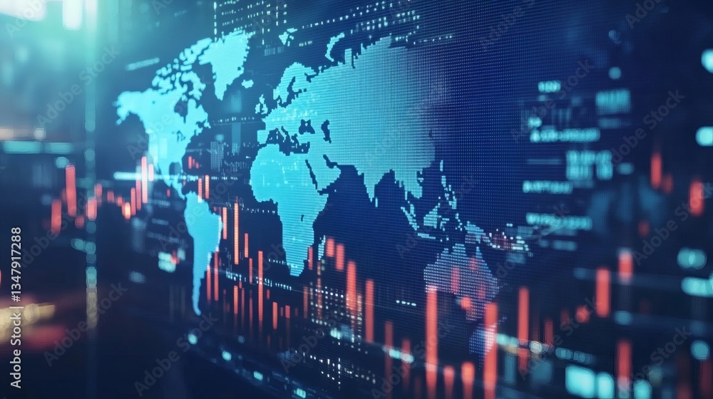 Obraz premium Financial Stock Market Chart Displayed on a Digital Blue World Map Background with Rising Red Graph