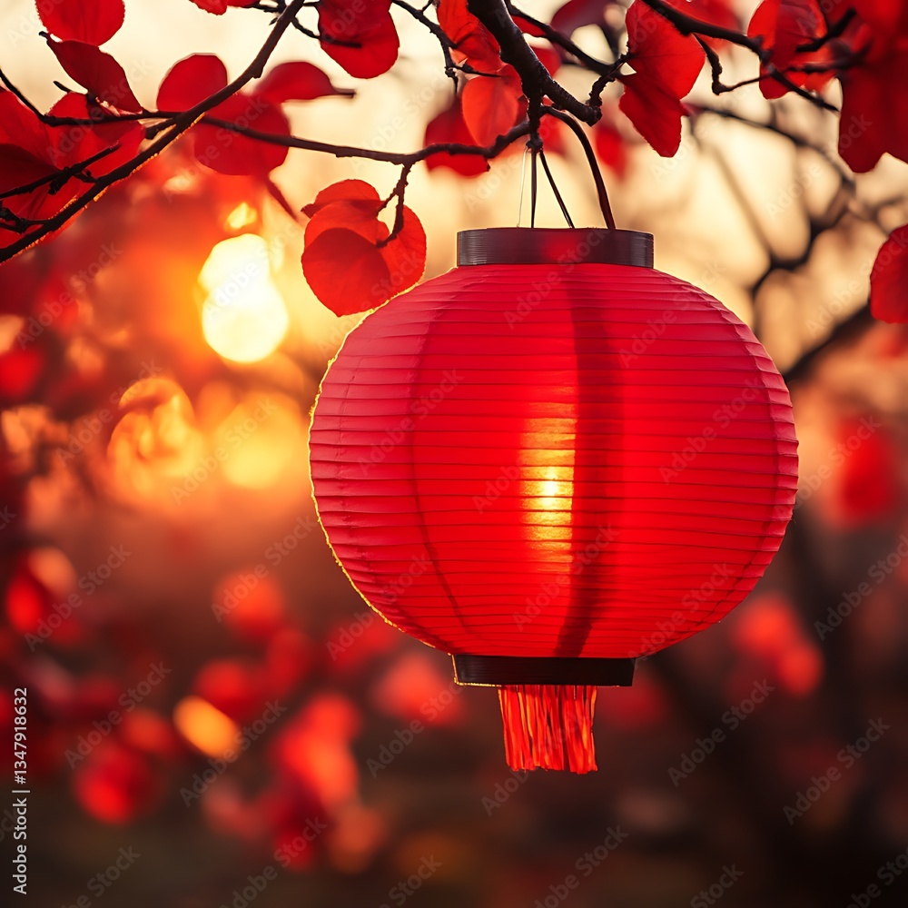 Fototapeta premium Red lantern sunset autumn garden decoration