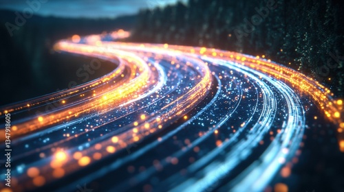 Abstract digital illustration of radiant fiber optic strands illuminating a dark forest landscape, creating a mesmerizing winding path of color and light.