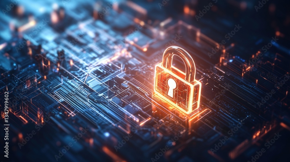 Glowing Orange Padlock Symbolizing Digital Security Poised on Illuminated Circuit Board Representing Data Protection and Cybersecurity Technology Concepts Glowing Orange Padlock Symbolizing Digital Security Poised on Illuminated Circuit Board Representing Data Protection and Cybersecurity Technology Concepts
