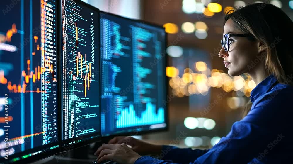 A visionary female financial analyst works on advanced 3D analytics in a modern office setting. A visionary female financial analyst works on advanced 3D analytics in a modern office setting.