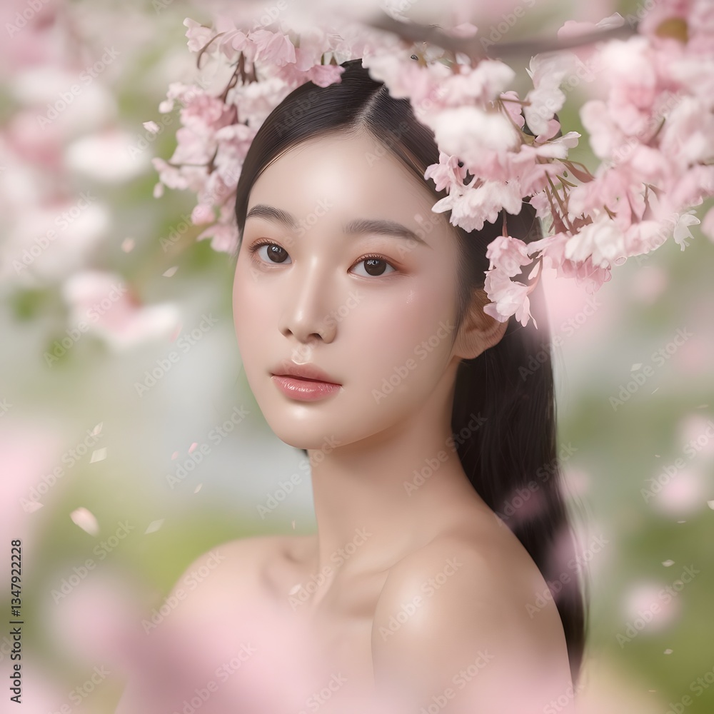 Portrait of a Korean woman with smooth porcelain skin, wearing minimal dewy makeup. photography..version first.. Portrait of a Korean woman with smooth porcelain skin, wearing minimal dewy makeup. photography..version first..