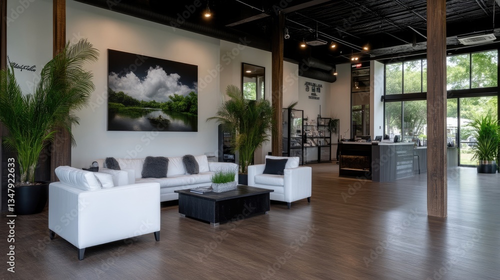 Modern, bright interior design with comfortable seating and natural light. Open concept, spacious waiting area Modern, bright interior design with comfortable seating and natural light. Open concept, spacious waiting area