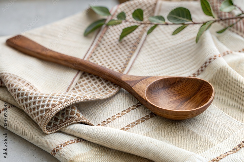 Wooden Spoon on a Neutral Linen Napkin Wooden Spoon on a Neutral Linen Napkin