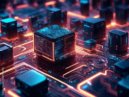 Abstract technology background with 3D cubes geometric shape. Futuristic technology wallpaper. Digital cyber tech backdrop background. abstract background neon glowing lights.