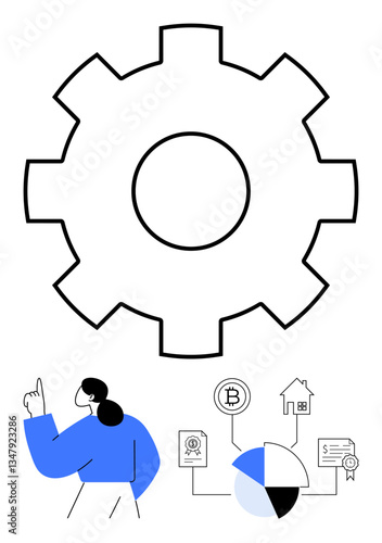 Large gear with modular financial icons, including blockchain, real estate, certificate, and a pie chart. Woman pointing to ideas. Ideal for finance, technology, productivity wealth management