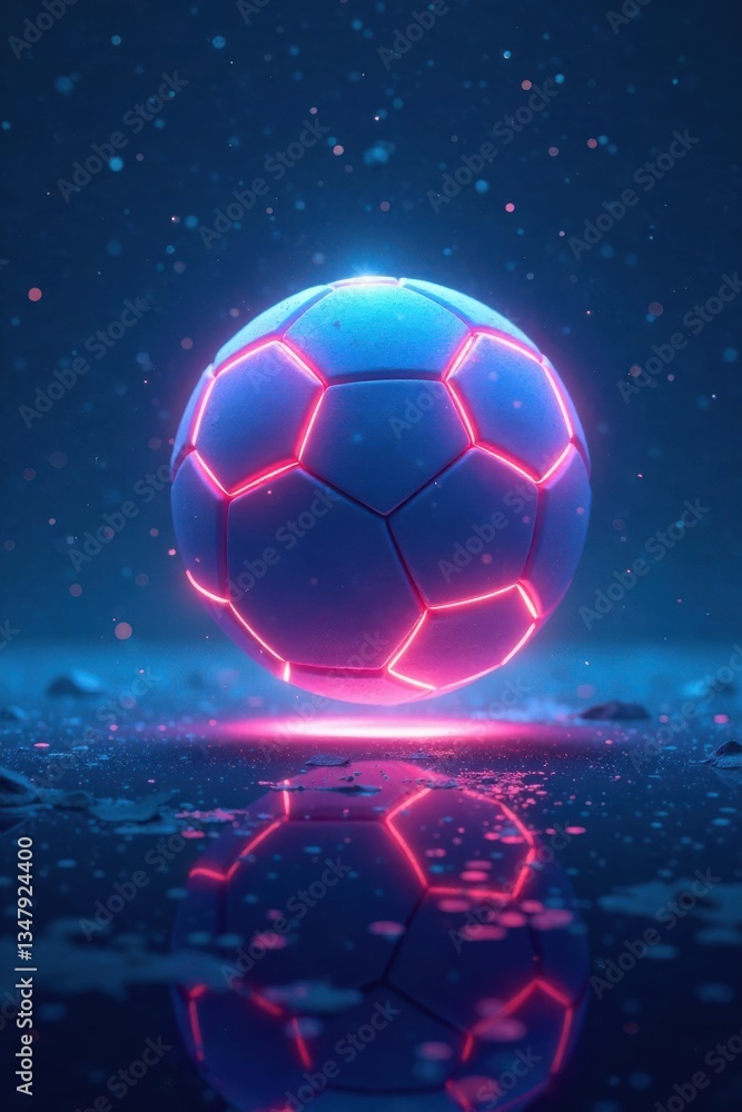 Naklejka premium A radiant and luminous neon-colored soccer ball floating on the blue expanse of a digital canvas with an ethereal atmosphere, sports, color, background