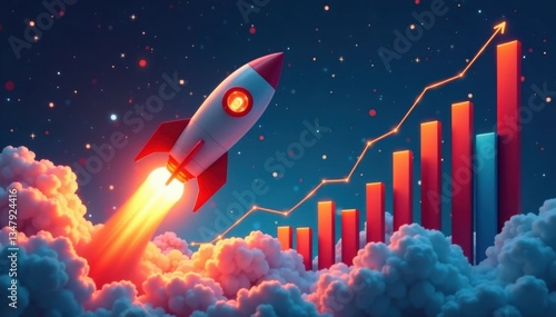 A rocket ship blasting off with a colorful chart of rising numbers in the background, blue, numbers, chart