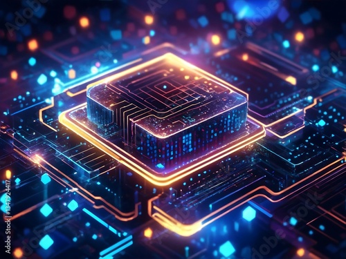 Close up of Future Technology Chips in 3d grid system on circuit board. Advanced futuristic technology data science artificial intelligence core Processor