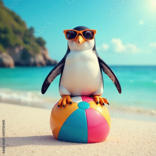 A playful penguin wearing sunglasses and sitting on a beach ball, cartoon, beach, cute