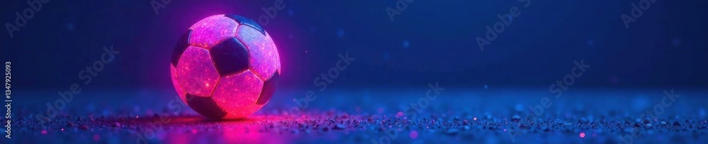 Fototapeta premium Abstract glowing neon colored soccer ball on blue ground, sphere, soccer ball, blue