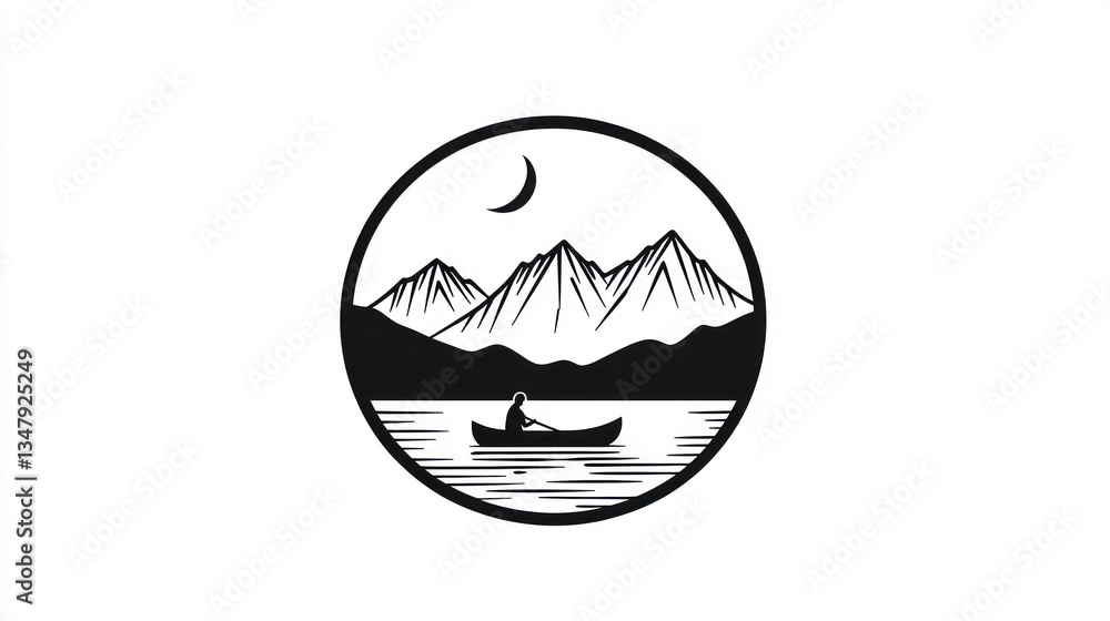 Silhouette of a lake, mountains, and canoe under a crescent moon Silhouette of a lake, mountains, and canoe under a crescent moon