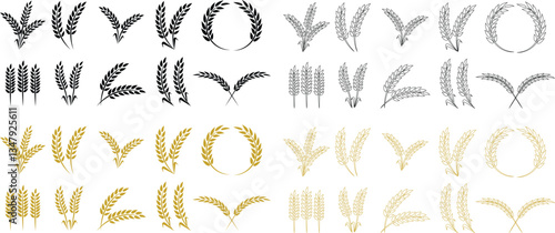 Wheats ears icon set and wheat design elements flat line vector collection isolated on transparent background. Harvest wheat grain, growth rice stalk and whole bread grains or field cereal nutritious.