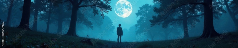 Fototapeta premium A lone figure stands at the edge of a forest bathed in eerie moonlight, abandoned, atmosphere