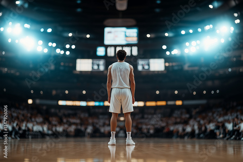 A striking portrait of a basketball player seen from behind, standing tall in an empty arena