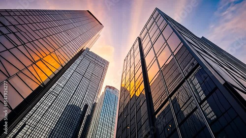 office building or business center.window buildings made of glass reflect the clouds and the sunset. empty street outside wall modernity civilization, commercial, skyscraper