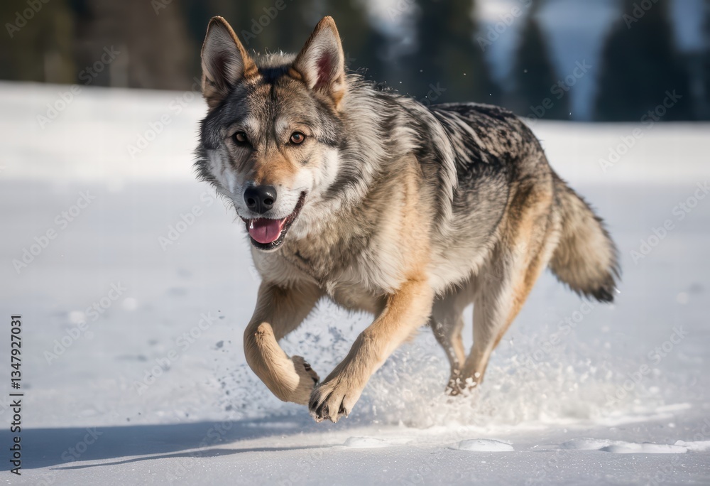 Naklejka premium Czechoslovakian Wolfdog running in the snowy mountains of czech during winter, in a cold and snow meadown, wild doggy in the natural ambient