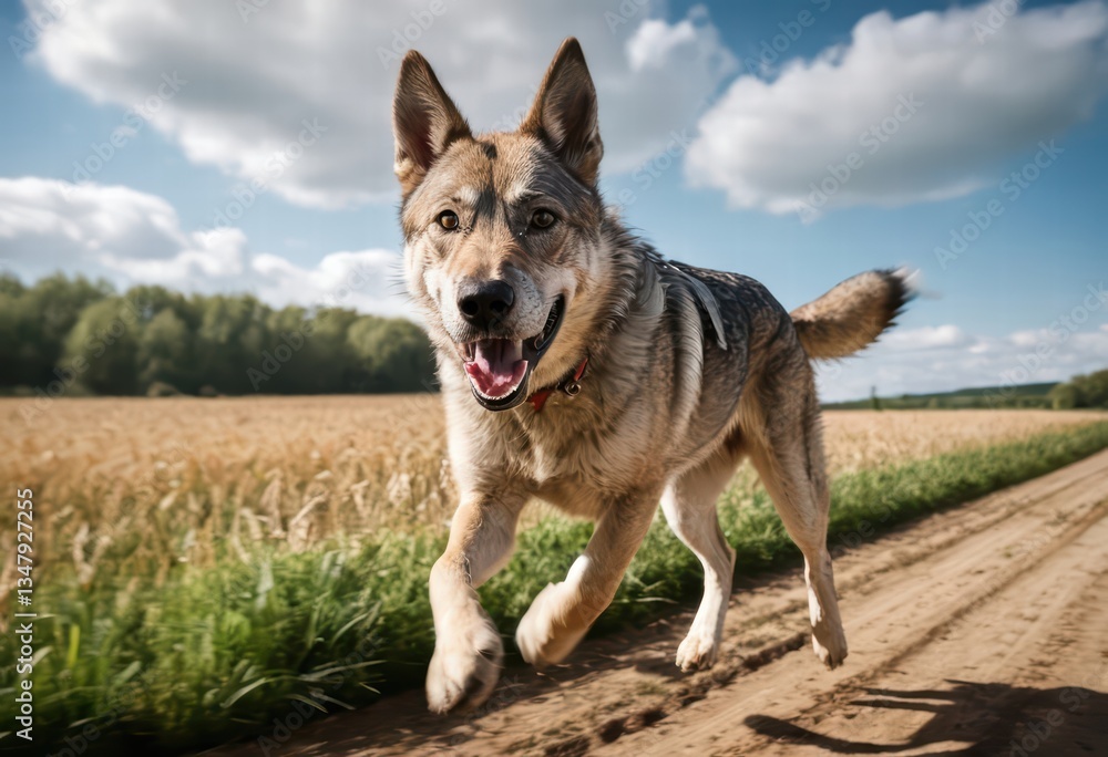 Fototapeta premium Czechoslovakian Wolfdog running in the countryside of czech, in a cold and foggy meadown, wild doggy in the natural ambient