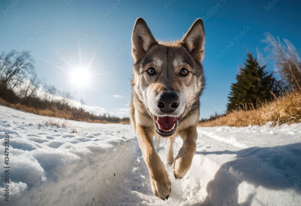 Naklejka premium Czechoslovakian Wolfdog running on green grass, snowy meadown, covered by snow, in a cold winter. wild dog in the wild nature on czech