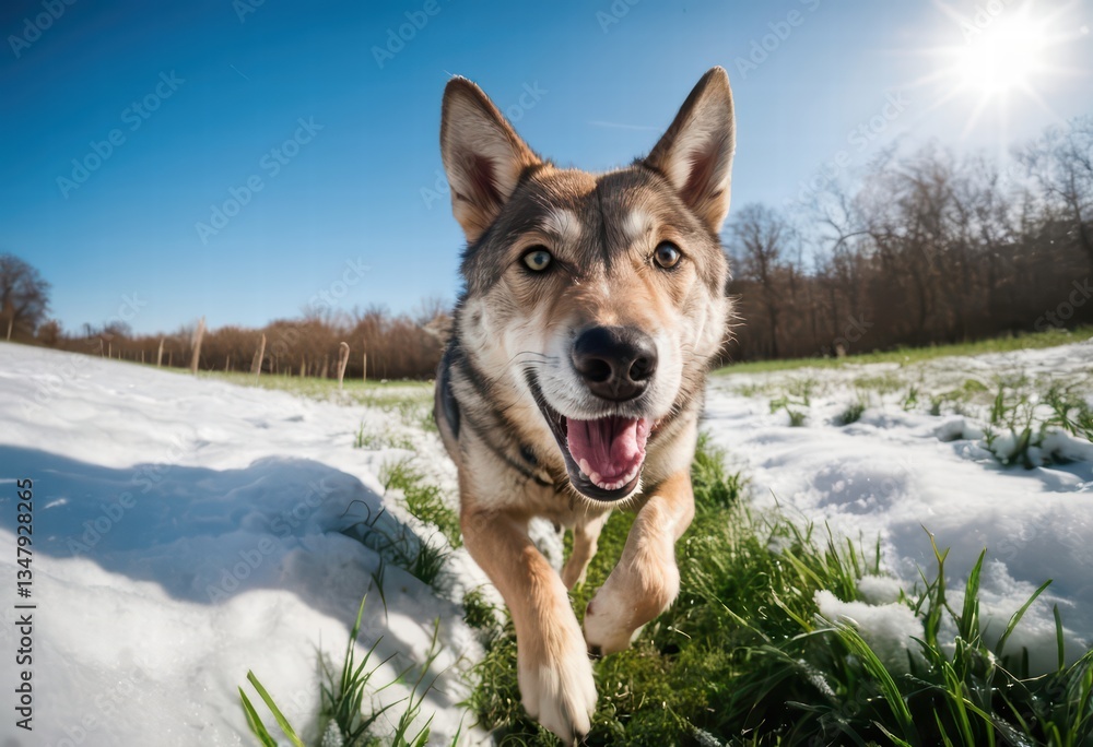 Naklejka premium Czechoslovakian Wolfdog running on green grass, snowy meadown, covered by snow, in a cold winter. wild dog in the wild nature on czech