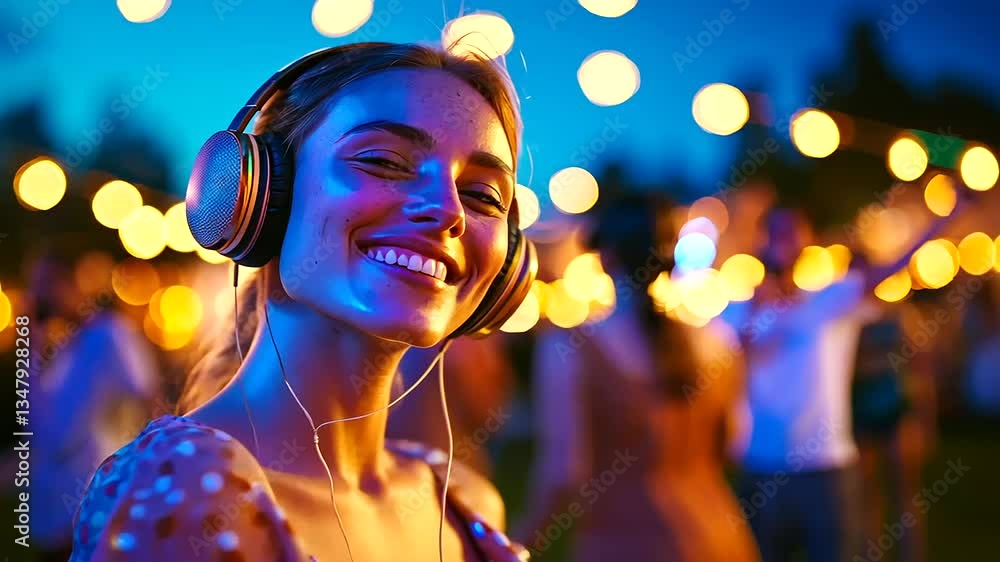 Young woman revels in music and friendship at a lively summer festival. Young woman revels in music and friendship at a lively summer festival.