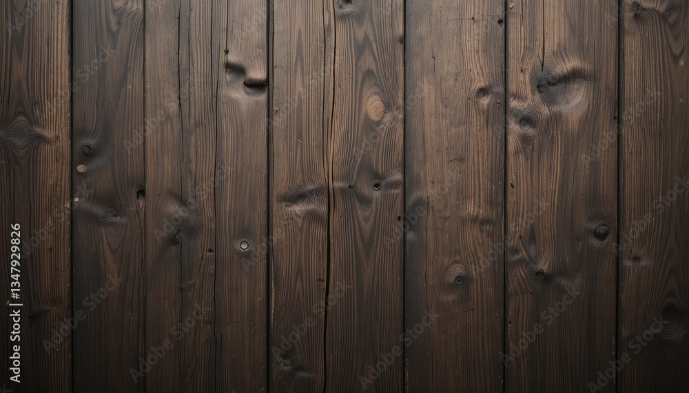 Naklejka premium Dark brown wooden planks with natural knots and textures, perfect rustic background for design and decoration.