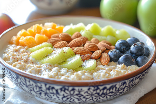 Bowl of oats topped with colorful fruit and nuts, set on a wooden table.