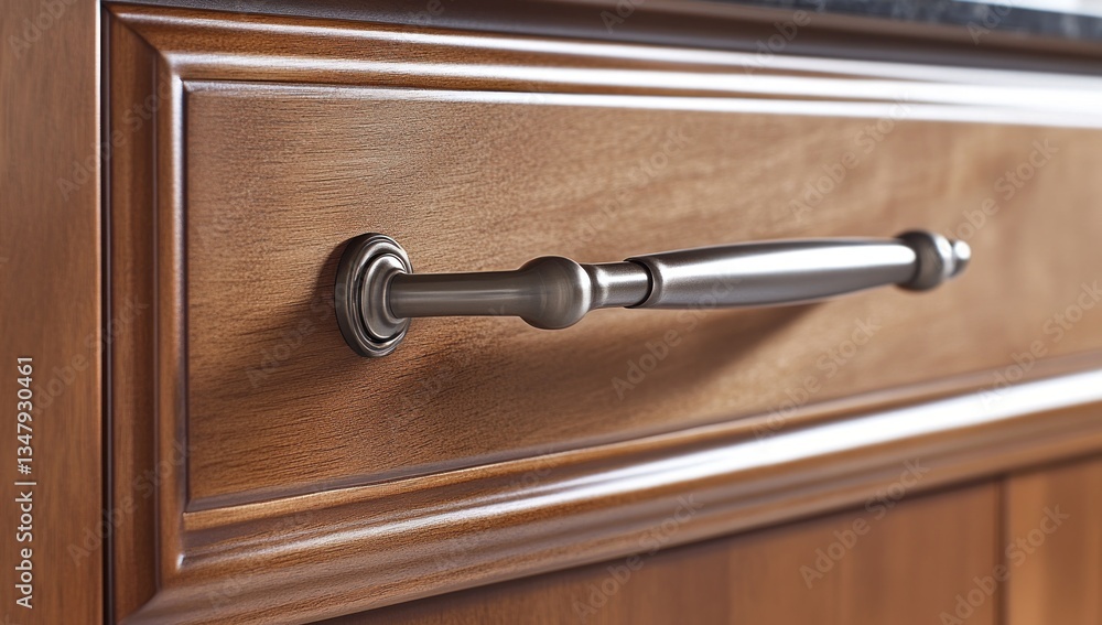 Obraz premium Elegant Brushed Nickel Drawer Pull on Rich Wood Cabinet