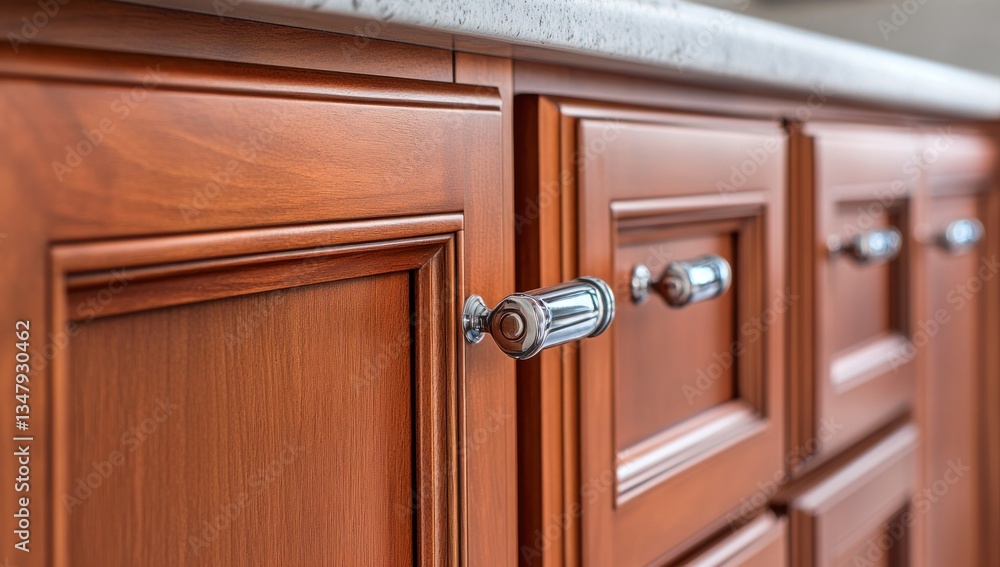 Obraz premium Close-up of Elegant Wooden Kitchen Cabinets with Polished Chrome Hardware