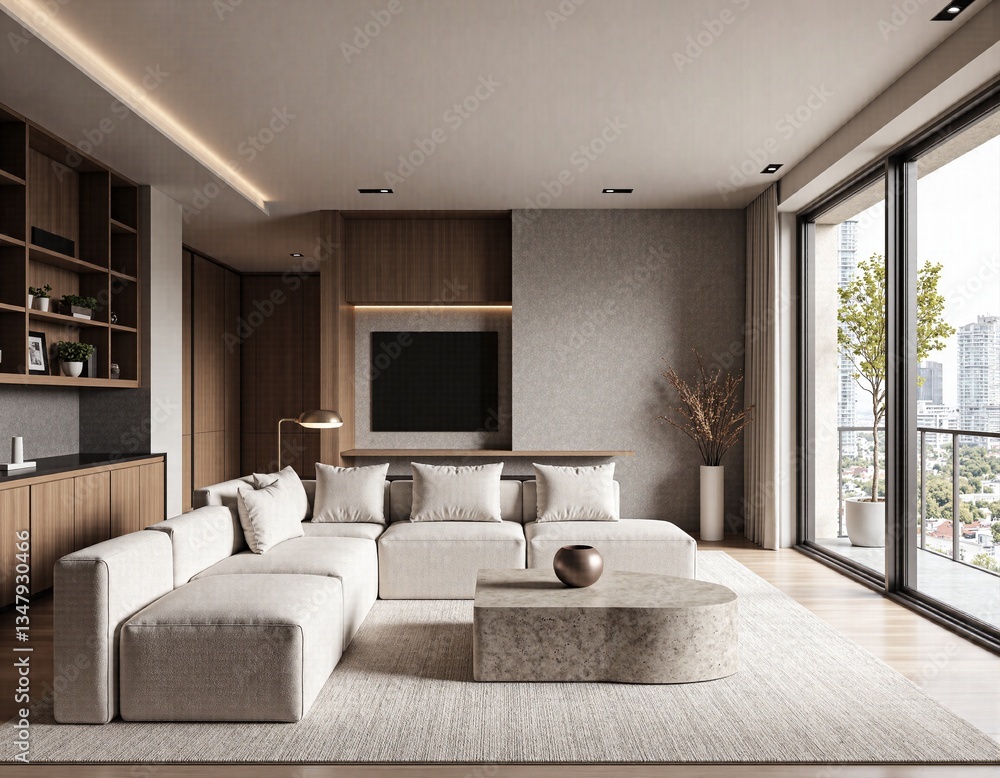 Fototapeta premium Spacious modern living room with elegant minimalist design